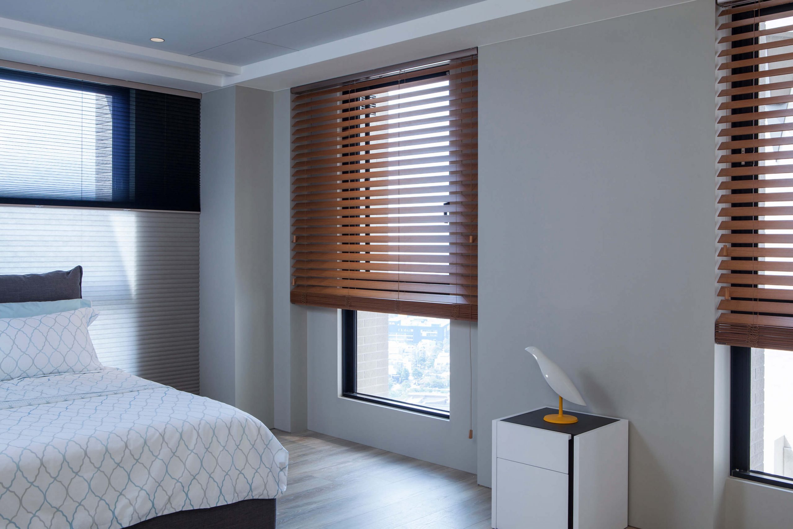 Wooden blinds on bedroom windows